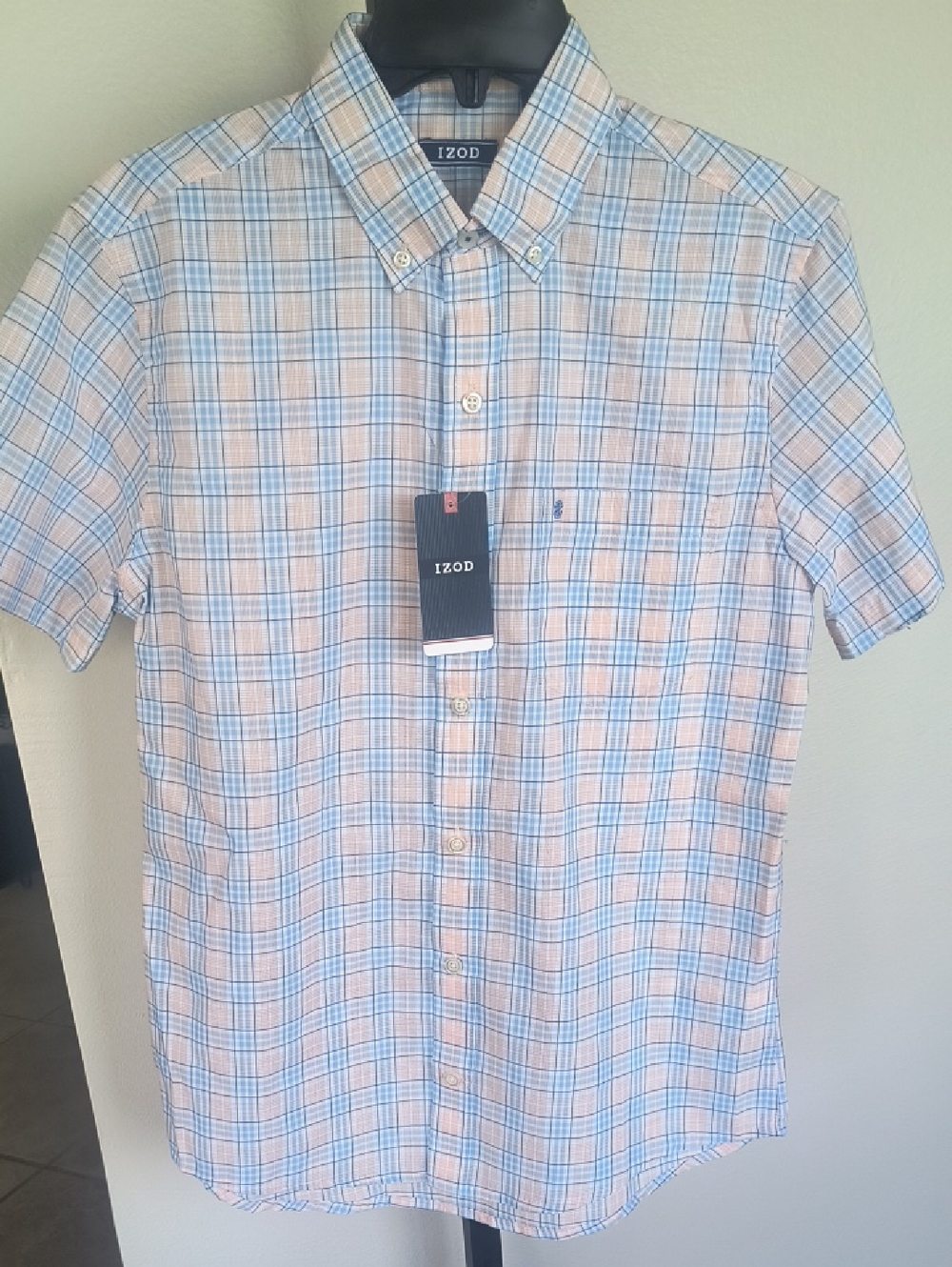 IZOD Men’s Short-Sleeve Plaid Button-Down Shirt in Light Blue & Peach